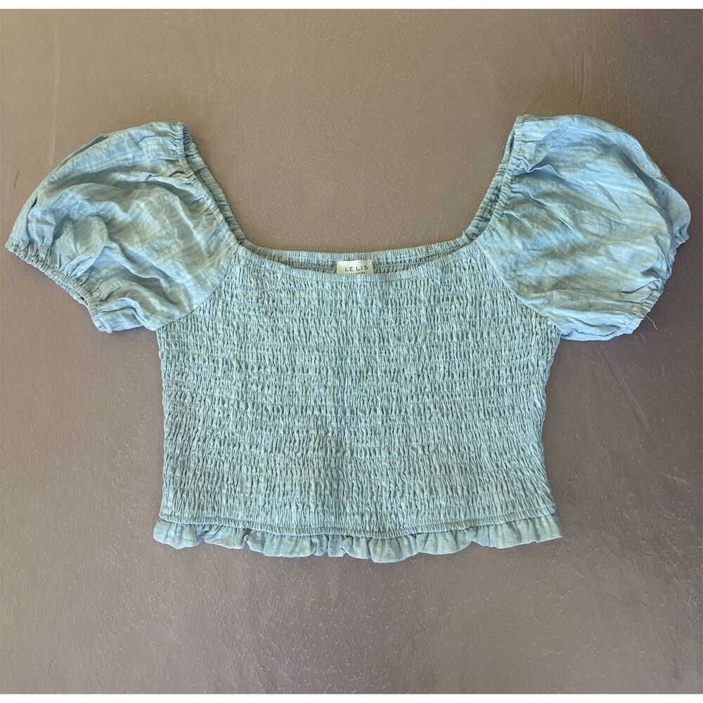 Le Lis Collection Women's M Blue Smocked‎ Puff Sleeve Crop Top